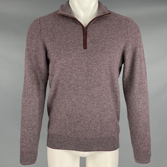 LUCIANO BARBERA Size S Burgundy Grey Knit Cashmere Elbow Patch Half Zip Pullover - Picture 1 of 6